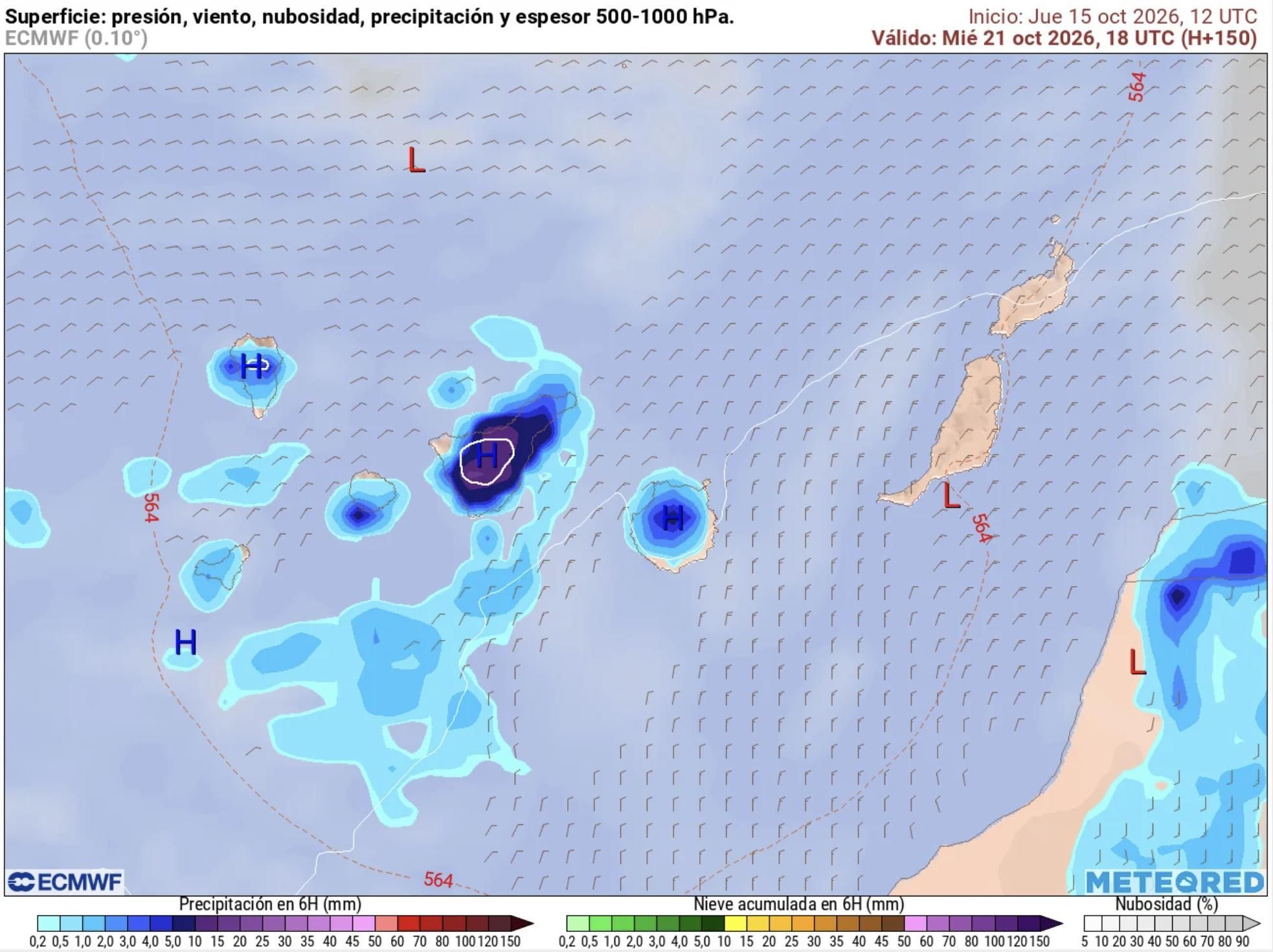 Mapa de lluvias previstas en Canarias el miércoles 21 de octubre, según el modelo europeo.