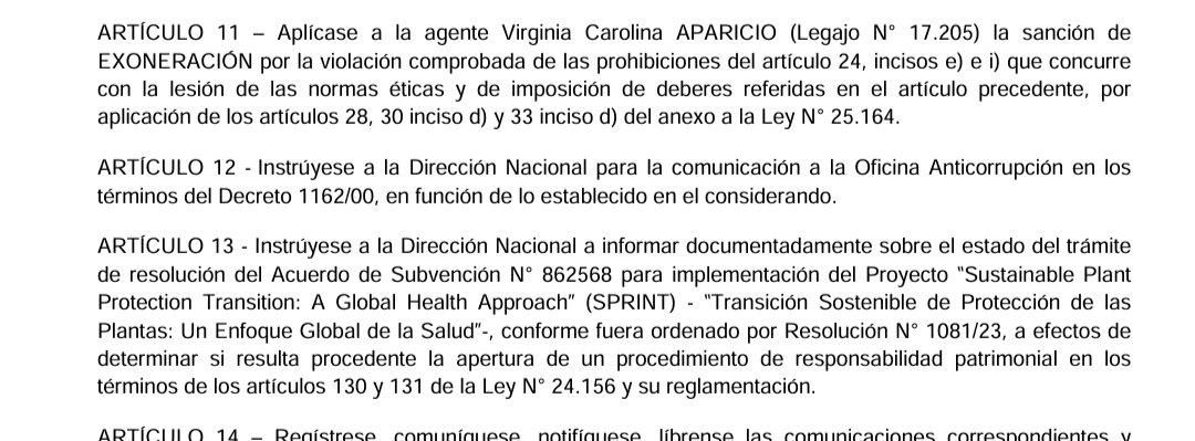 Fragmento de la resolución que exonera a Virgina Aparicio del INTA