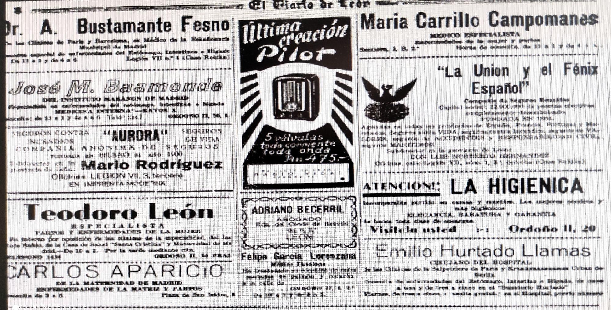 Publicidad comercial en el periódico Diario de León en 1936.