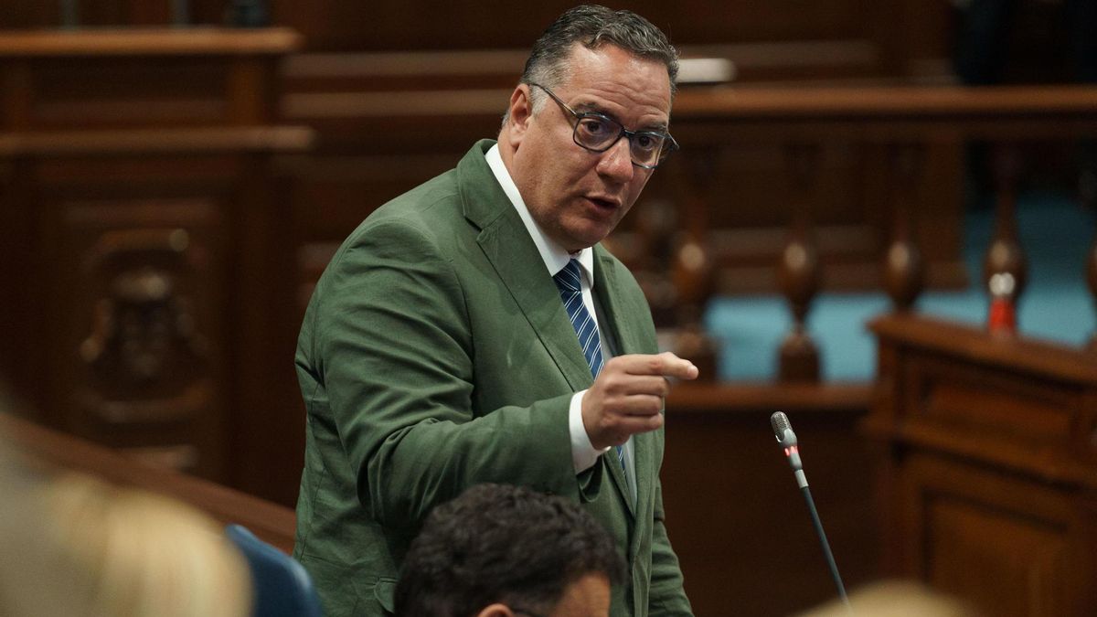 El consejero de Educación, Formación Profesional, Actividad Física y Deportes del Gobierno de Canarias, Poli Suárez, interviene en el pleno del Parlamento de Canarias que se celebra este martes. EFE/Ramón de la Rocha