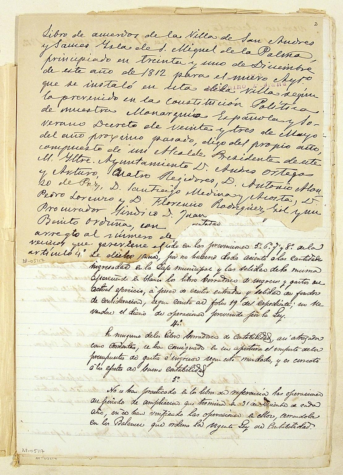 Hoja del Fondo Antonio Pestana. Libro de acuerdos iniciado el 31 diciembre de 1812.  don Andrés Ortega y Arturo. AGP