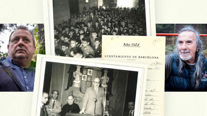 Valentín y Lale, dos exalumnos de La Ciudad de los Muchachos, junto a imágenes de archivo de la inauguración del centro en 1951