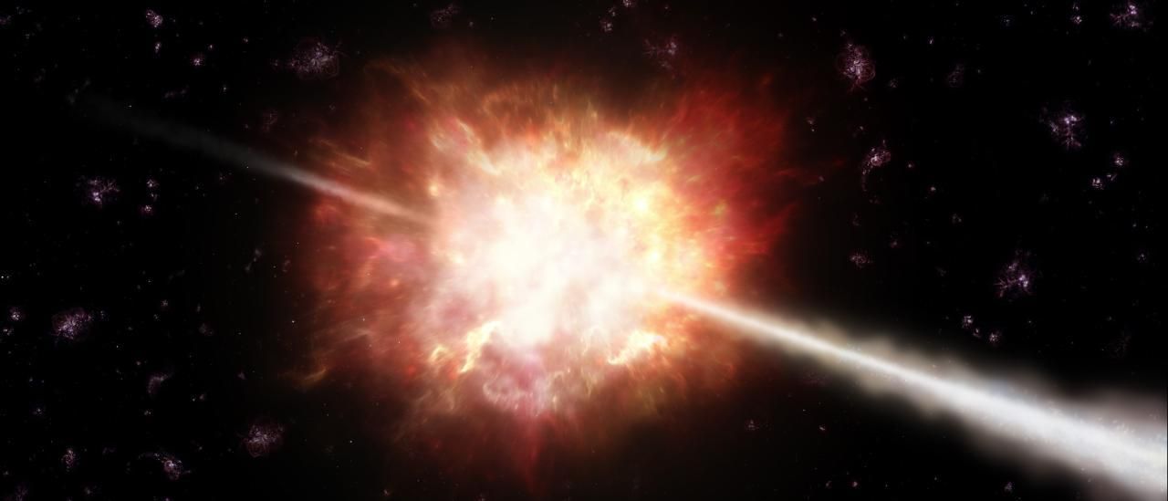 Recreación artística de una explosión de rayos gamma (GRB). Crédito: ESO/A. Roquette