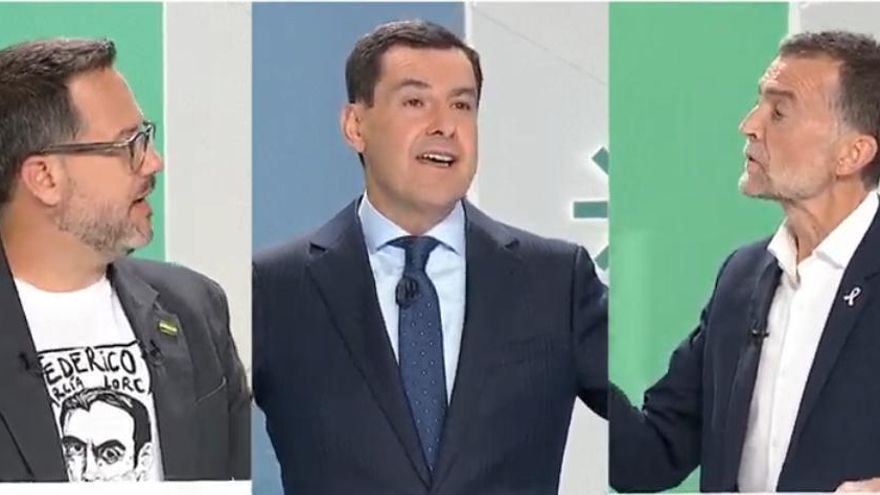 José Ignacio García (Adelante Andalucía), Juan Manuel Moreno (PP) y Antonio Maíllo (Por Andalucía) durante el segundo debate electoral