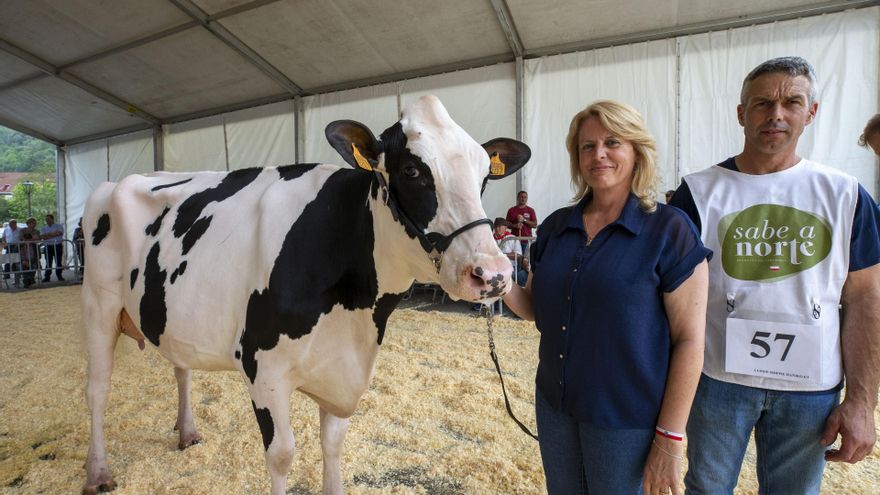 La consejera de Ganadería, María Jesús Susinos, con un ejemplar participante en el XXXVII Concurso Exposición de Ganado Vacuno Frisón de San Bernabé, en Treceño (Valdáliga)