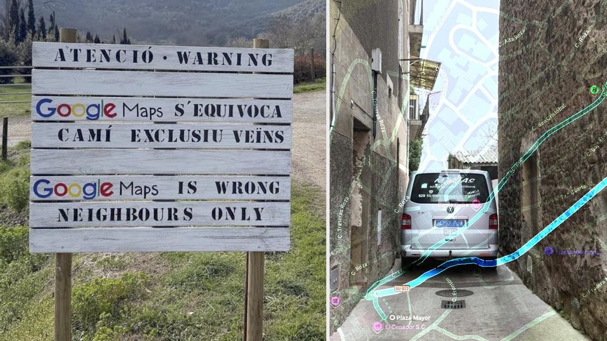 Vecinos de Santa Pau (Girona) colocaron un cartel para advertir a los conductores de que Google Maps les dirigía por error por el centro del pueblo