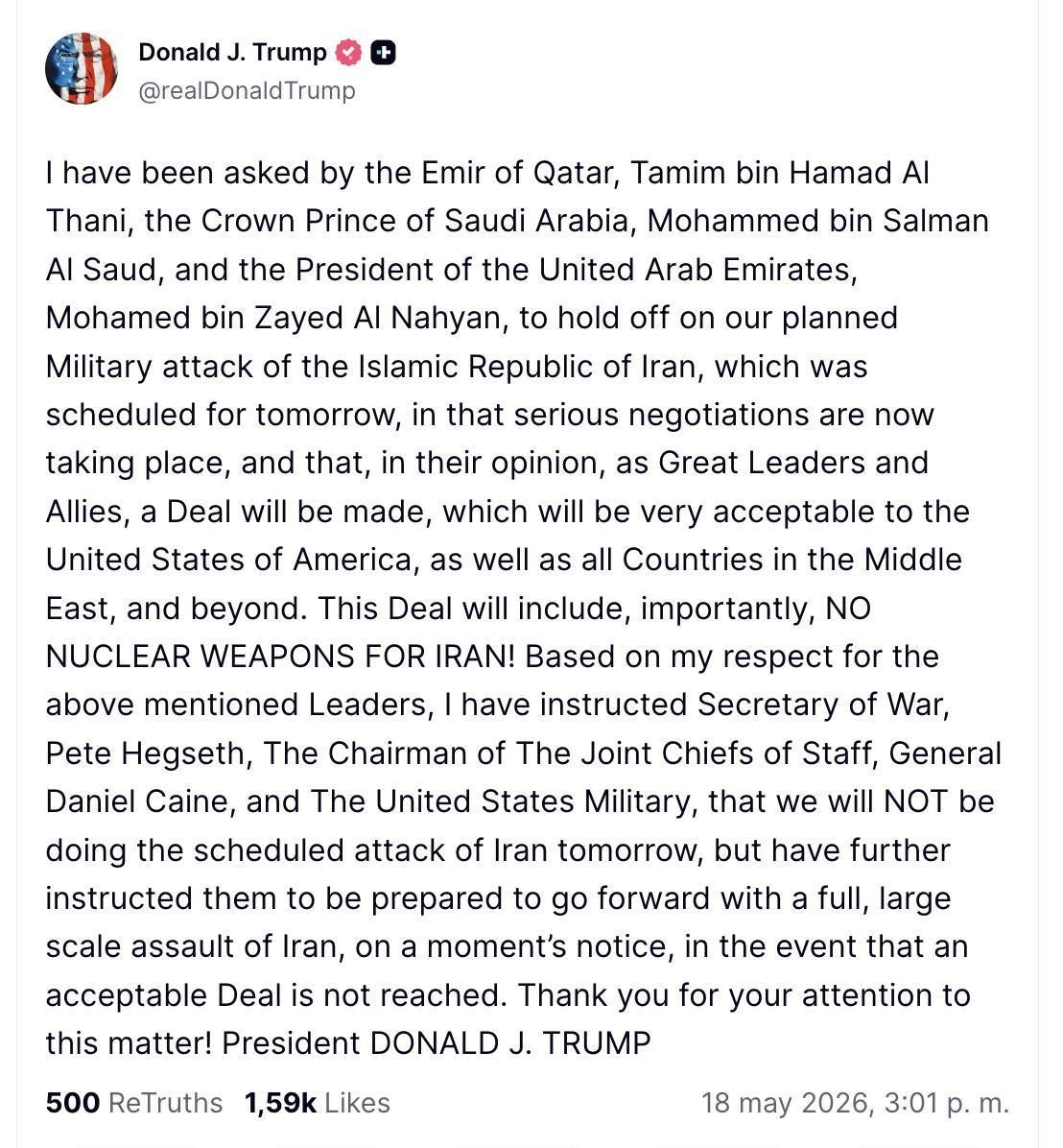 Truth Social de Trump sobre Irán.