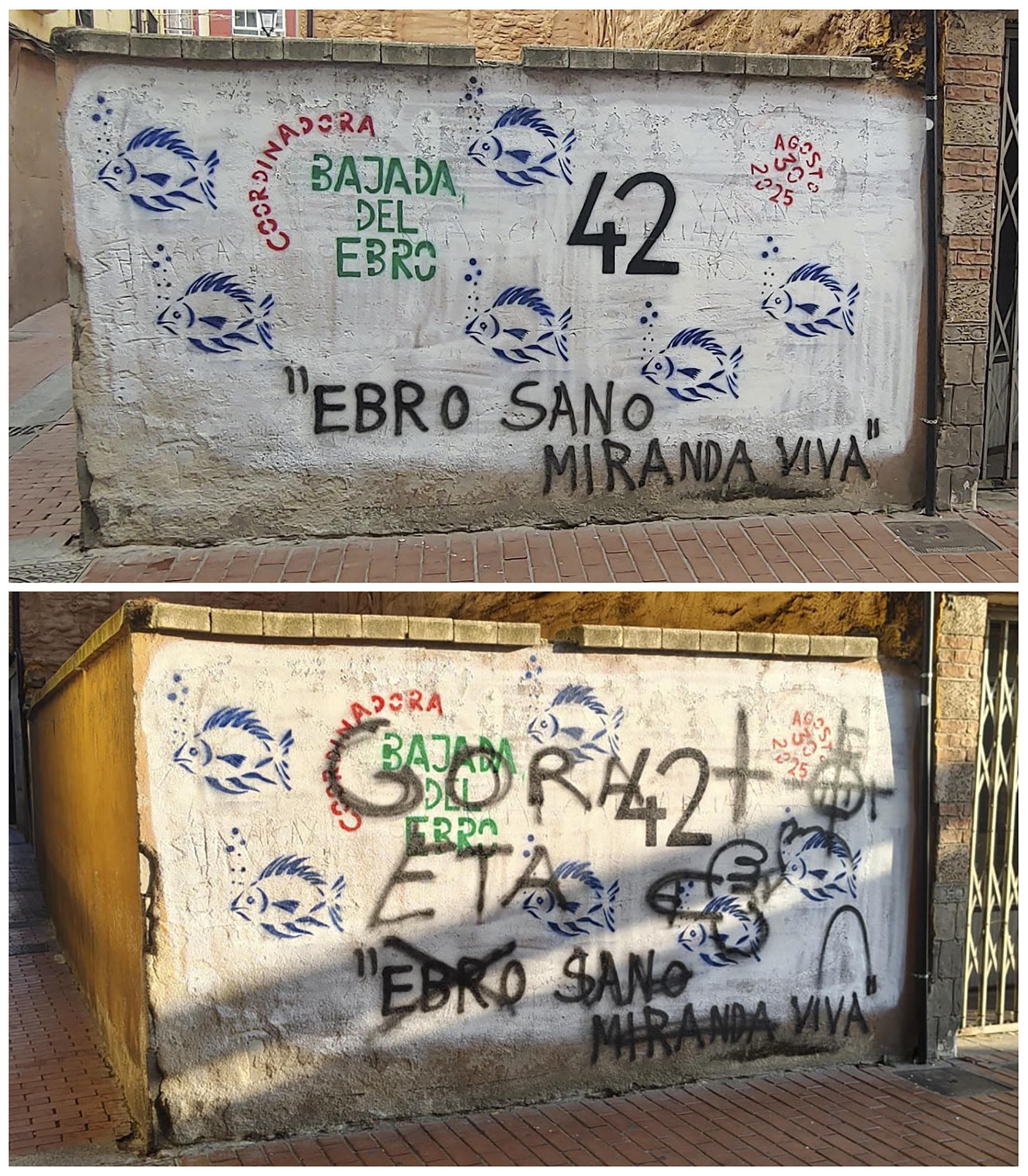 Vista del mural antes (arriba) y después (abajo) de ser vandalizado.