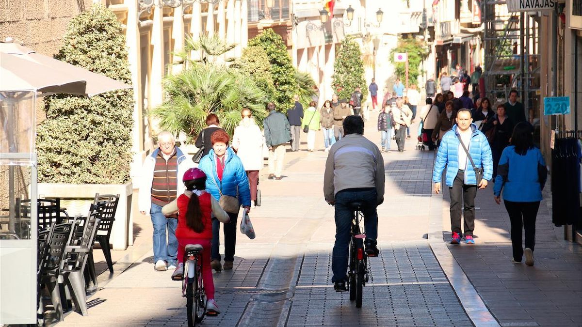 Personas en bicileta por la calle Portales de Logroño