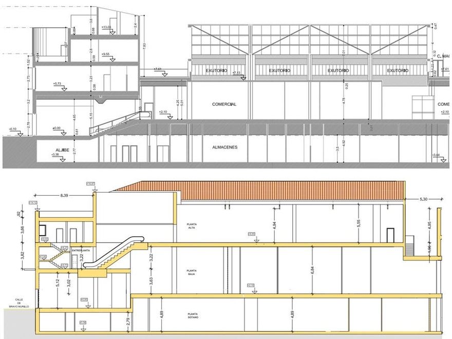 Sección del Mercado de Maravillas antes de la reforma (arriba) y después (debajo), con la segunda planta donde podría ubicarse el supermercado