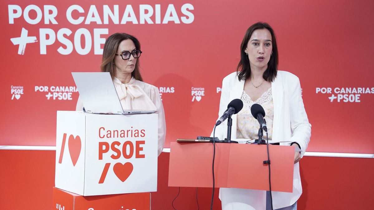 La secretaria de Organización del PSOE Canarias, Nira Fierro, y la secretaria de Sanidad, Dependencia y Discapacidad, Marta Arocha, en rueda de prensa tras valorar el último informe de la Asociación de Directores y Gerentes de Servicios Sociales de España.