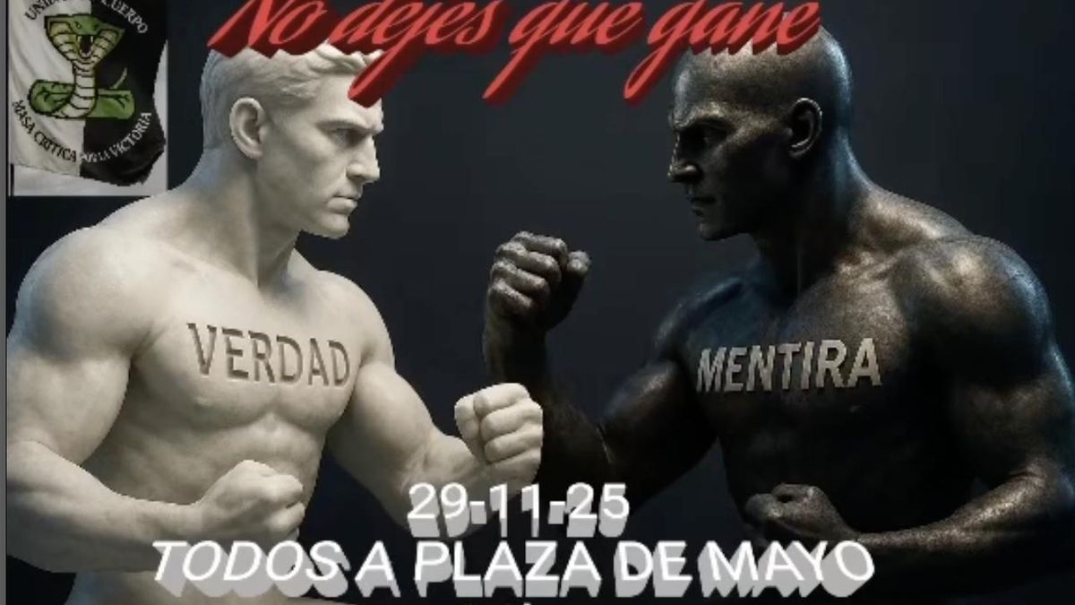 Mentira negra, verdad blanca, uno de las imágenes utilizadas para convocar a la Plaza de Mayo para pedir la liberación de los genocidas.