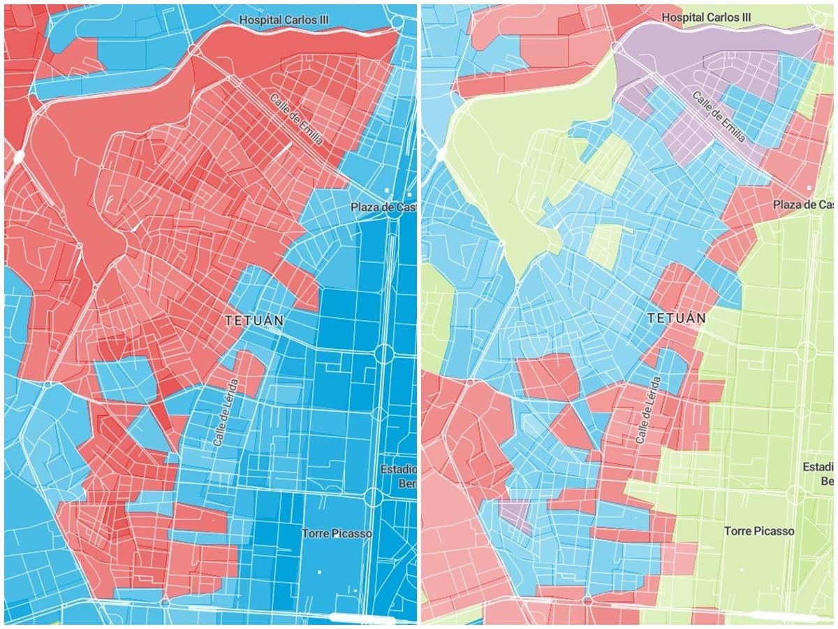 Partido más votado en las elecciones del 10-N en Tetuán (izquierda) y segundo partido más votado (derecha)