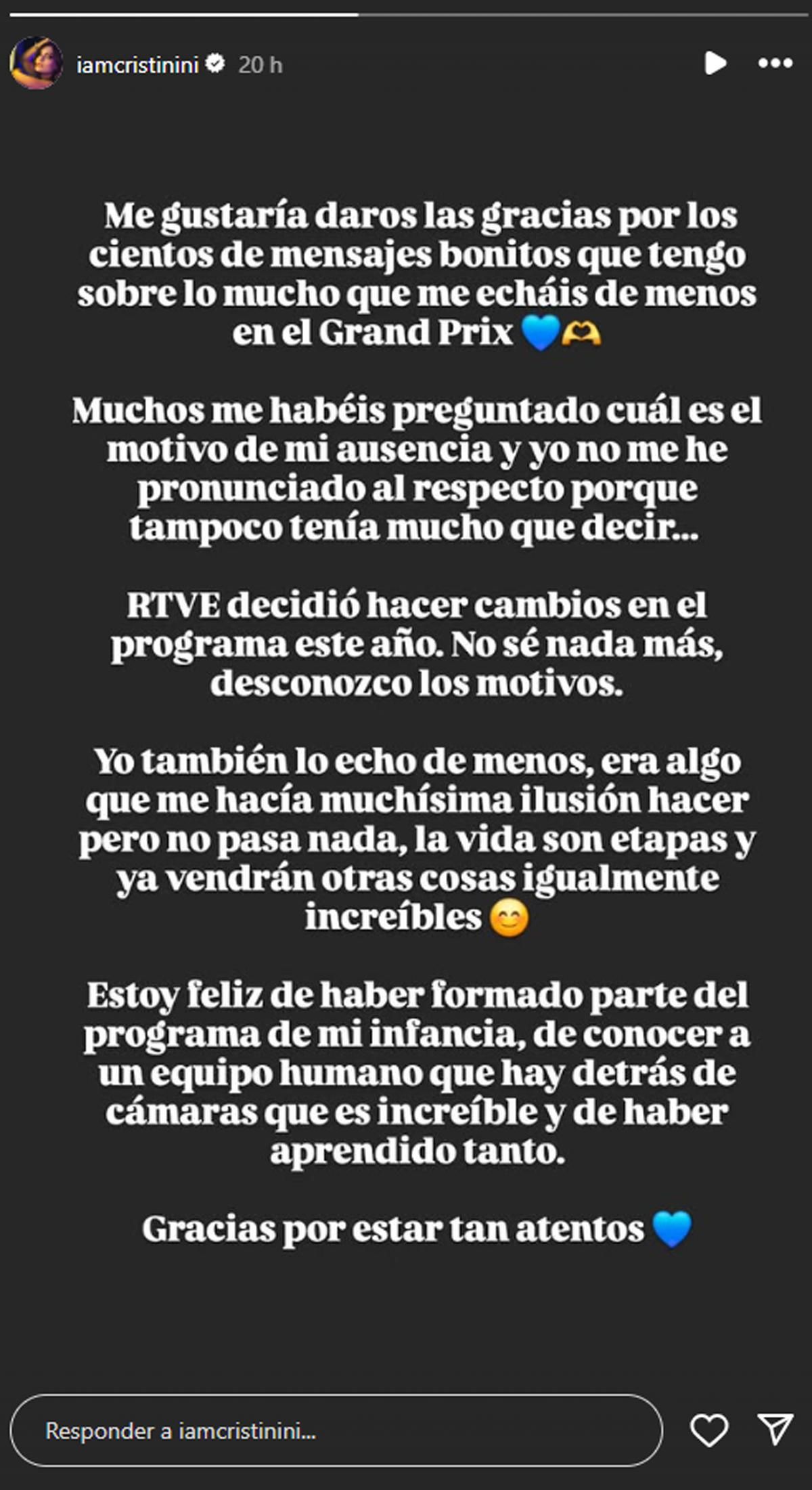 Cristinini se sincera en Instagram sobre su salida del 'Grand Prix'
