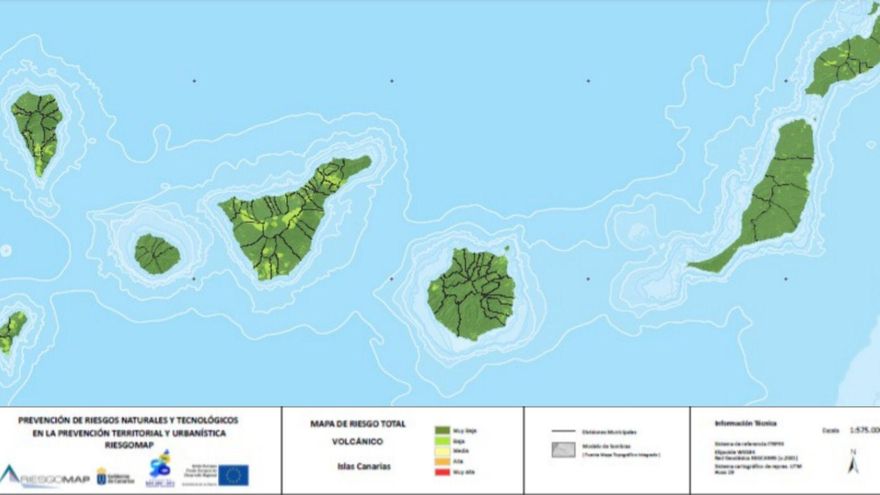 Mapa de riesgo volcánico en Canarias hecho por el PEVOLCA