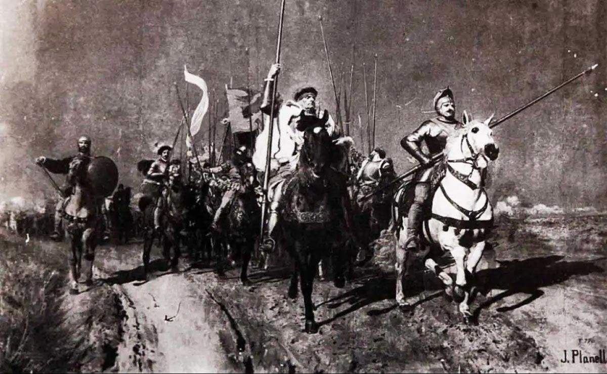 Foto en blanco y negro del cuadro de los Comuneros de Juan Planella en las Cortes de Castilla y León.