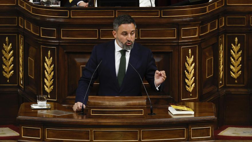 El líder de Vox, Santiago Abascal durante la moción de censura liderada por el profesor y economista Ramón Tamames (no en la imagen) contra el presidente del Gobierno.