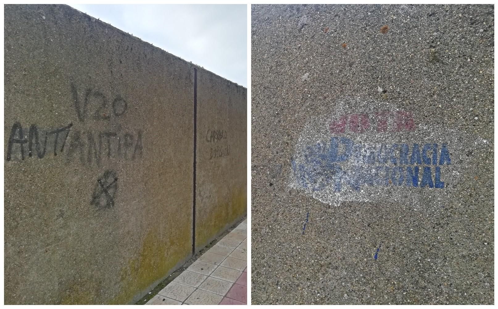 Antifa(scista), un corregido "antiAntifa" y llamada el voto al partido ultra Democracia Nacional conviven hoy en el muro que fue testigo del golpe de Estado en León.