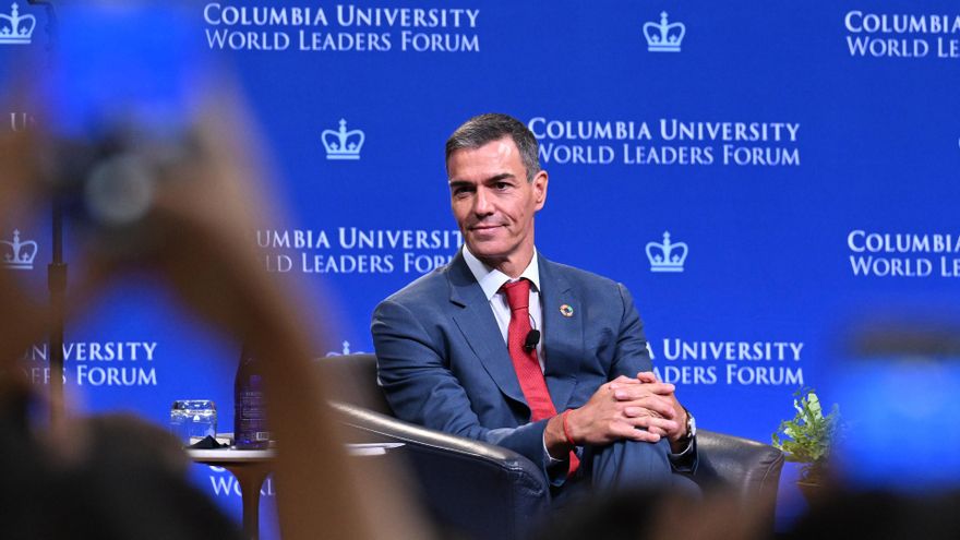 El presidente del Gobierno, Pedro Sánchez, pronuncia un discurso en la Universidad de Columbia