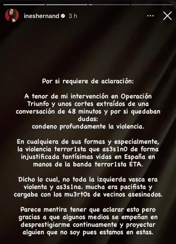 Comunicado de Inés Hernand en redes sociales