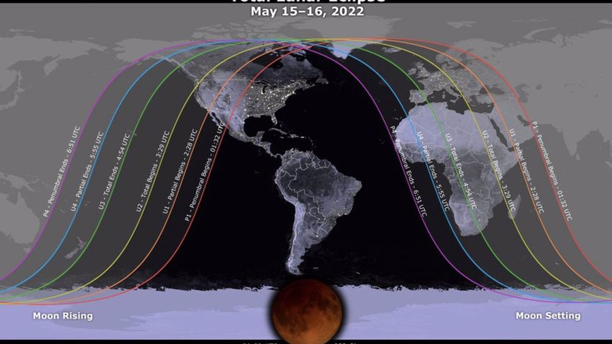 Franja donde será visible el eclipse total de Luna del 15-16 de mayo de 2022 - NASA GODDARD