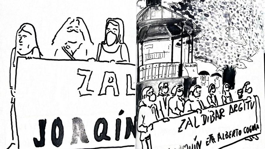 Dibujo de una manifestación por Joaquín y Alberto en Zalla