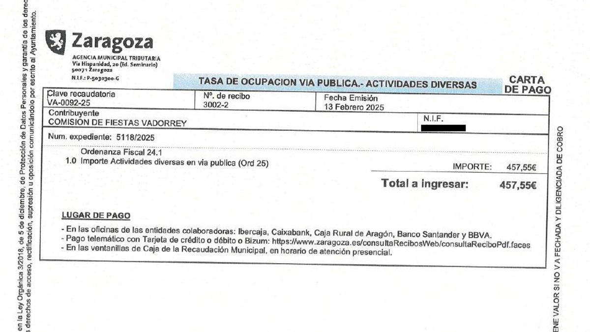 El recibo que han tenido que pagar en la Comisión de Fiestas de Vadorrey.