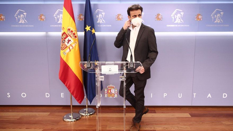 El presidente de Unidas Podemos en el Congreso, Jaume Asens, en rueda de prensa