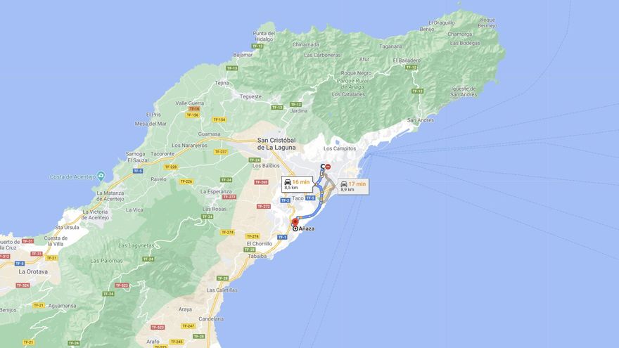 Distancia entre los barrios santacruceros de La Salud y Añaza en Tenerife