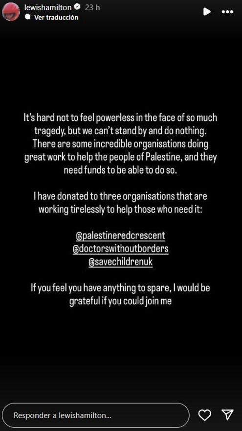 Captura de pantalla de la historia de Instagram de Lewis Hamilton sobre Gaza.