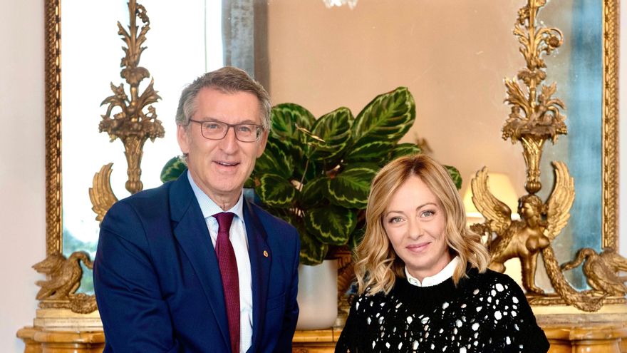 La primera ministra italiana, Giorgia Meloni, y el líder del PP, Alberto Núñéz Feijóo, en su reunión de hoy en Roma.