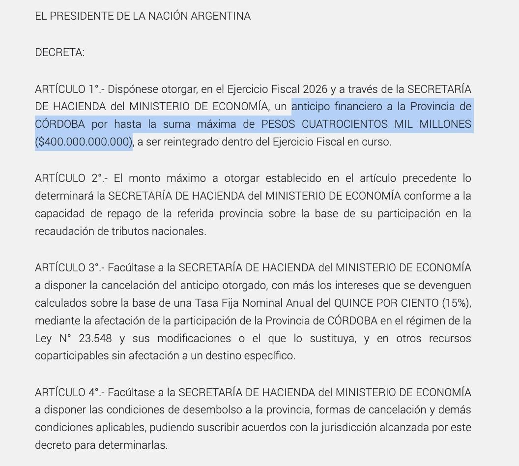 El salvataje financiero de la Nación a Córdoba, en el decreto que se conoció este lunes.