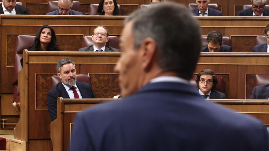 Santiago Abascal observa a Pedro Sánchez durante una sesión de control al Gobierno en el Congreso de los Diputados, este miécoles.