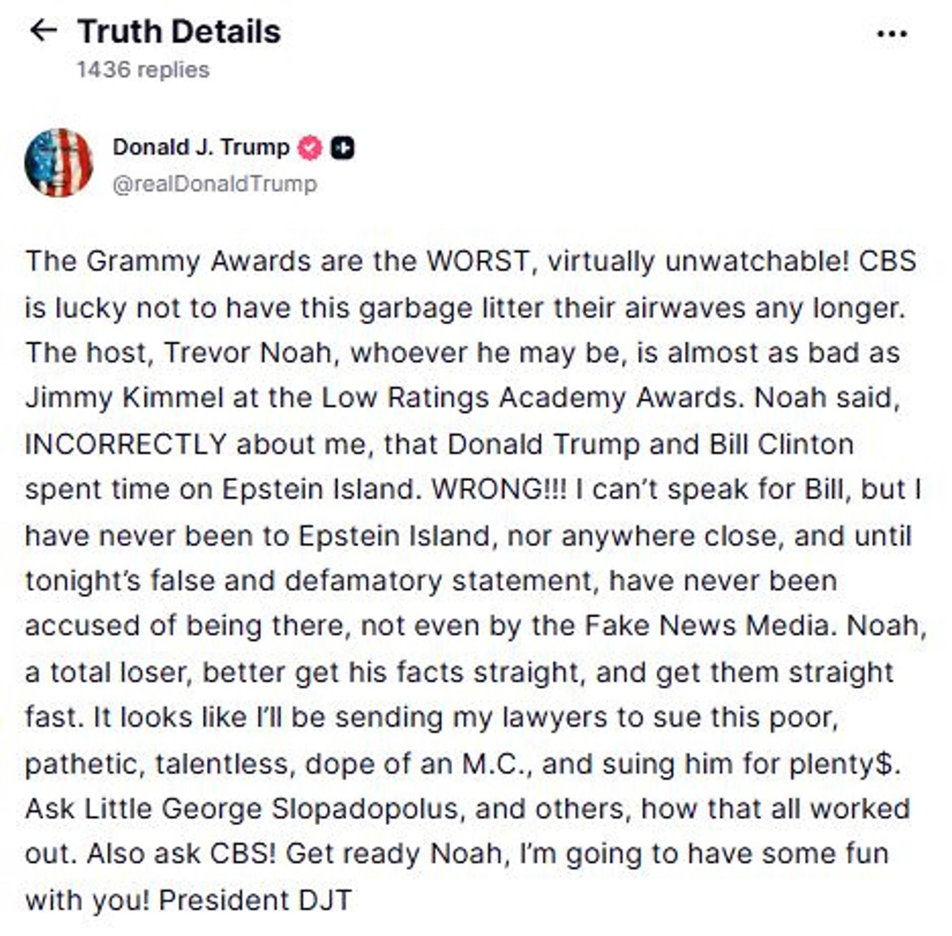 El posteo de Trump contra Trevor Noah.