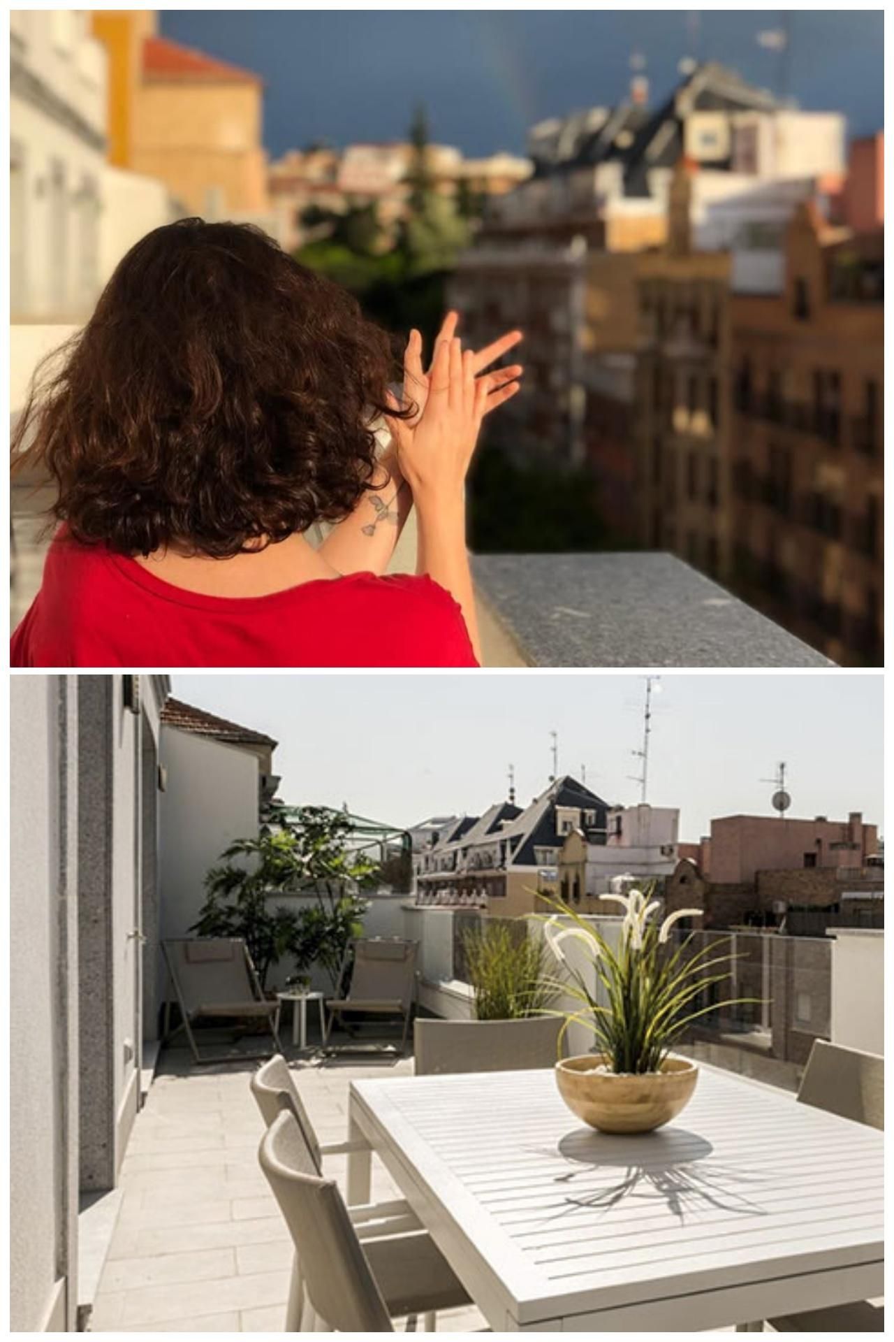 Image of Ayuso herself applauding from her terrace during the pandemic (above) and announcement of that same terrace on the be mate page