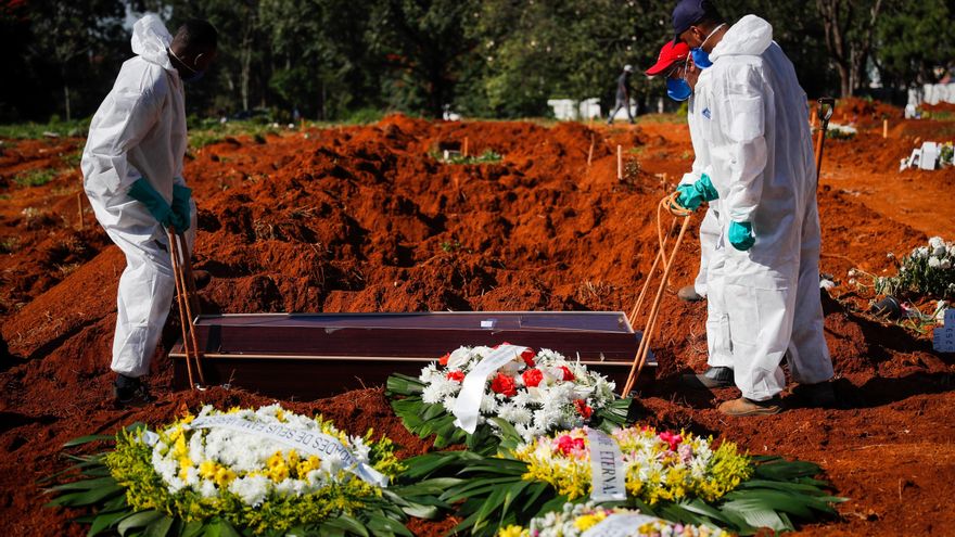 Unos trabajadores colocan un ataúd dentro de una tumba en el cementerio Vila Formosa, el 24 de marzo de 2021, en Sao Paulo (Brasil). EFE/ Fernando Bizerra/Archivo