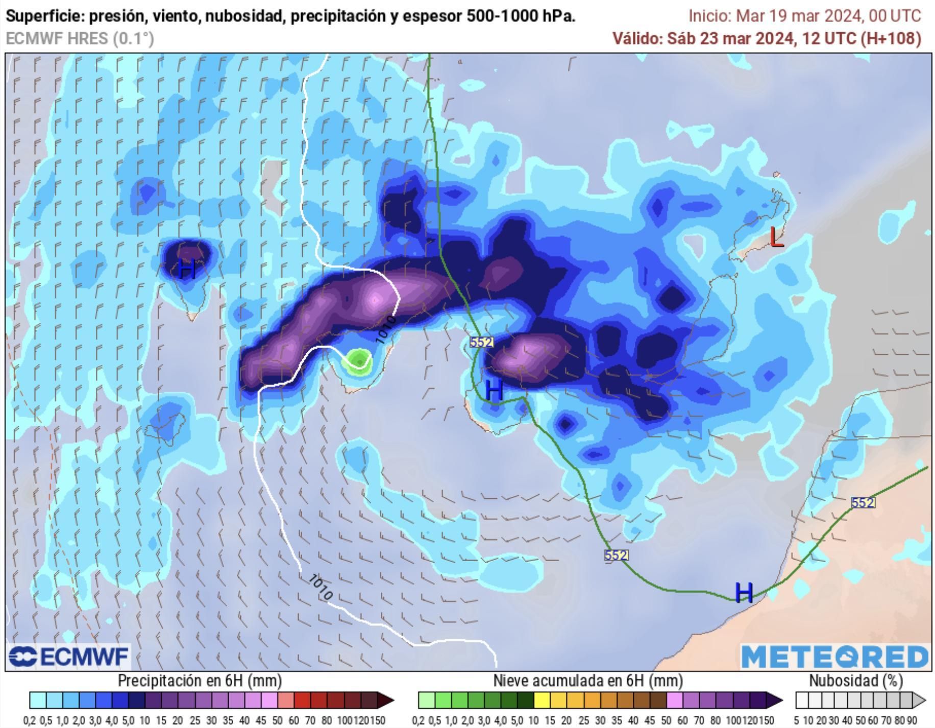 Mapa de acumulado de lluvia en Canarias este sábado. El color verde indica nieve.