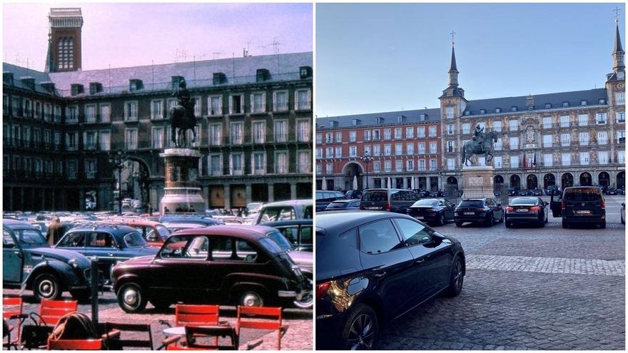 La imagen que se vuelve a repetir en Madrid 60 años después: la Plaza Mayor, convertida en aparcamiento