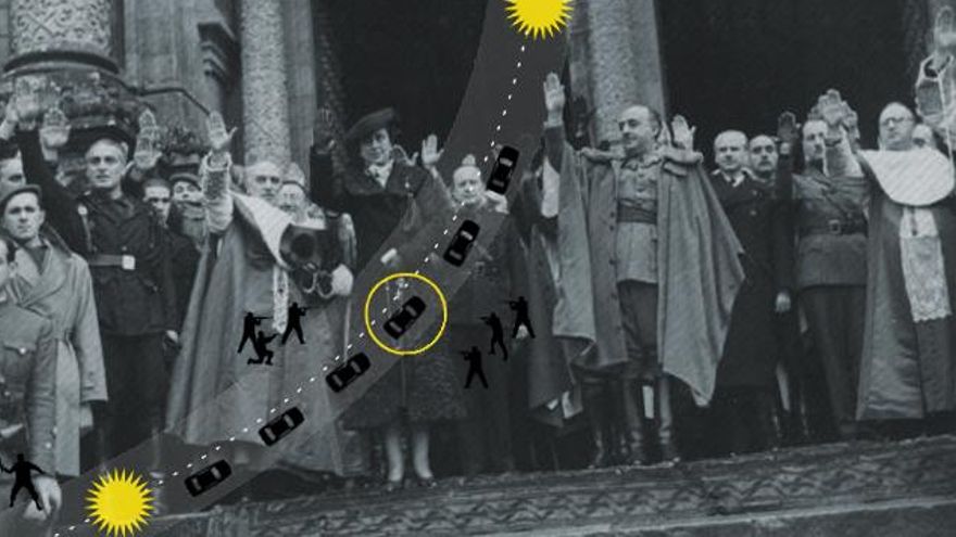 Franco realiza el salud fascista en la puerta del Pórtico de la Gloria