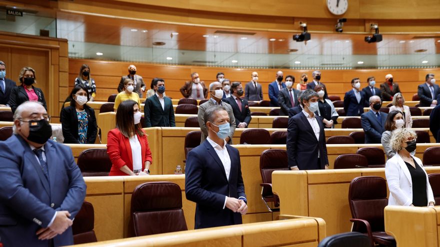 El portavoz delPSOE en el Senado, Ander Gil, durante el minuto de silencio previo al pleno celebrado este martes en el Senado. EFE/Chema Moya