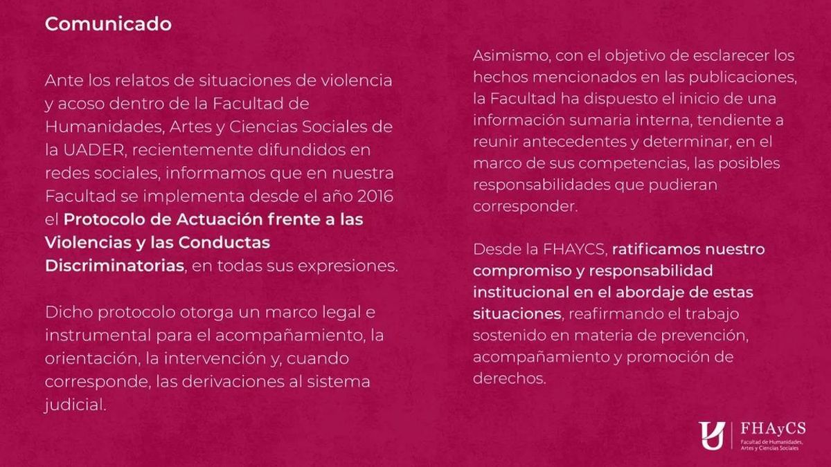 El comunicado de la UADER