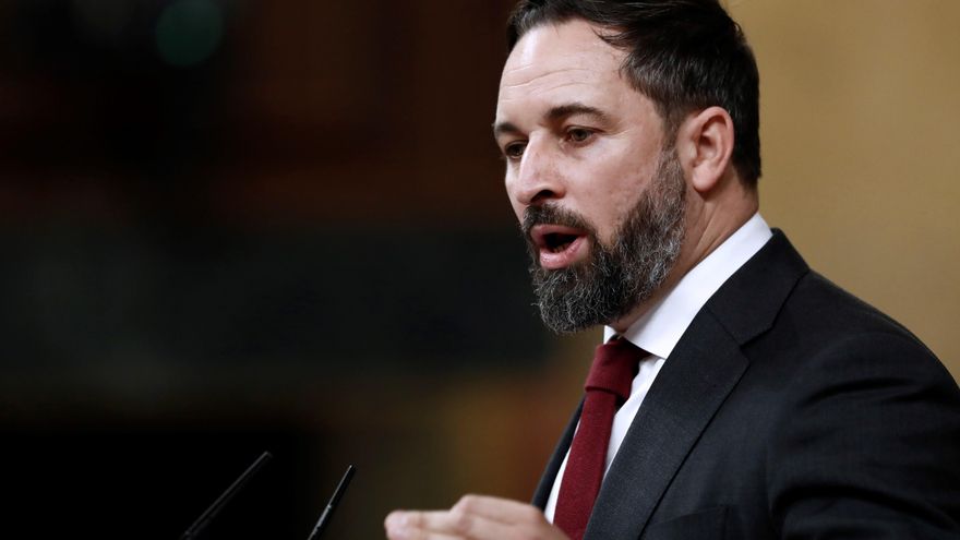 El líder de Vox, Santiago Abascal durante su intervención durante la moción de censura de su partido al gobierno de coalición en el Congreso de los Diputados este miércoles. EFE/Mariscal