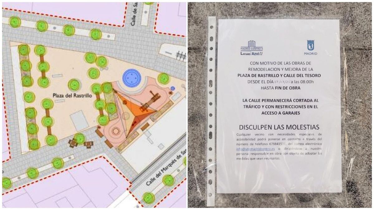 Plano del proyecto para el Rastrillo e imagen del cartel anunciando las obras