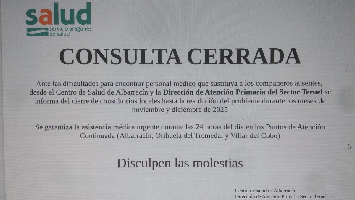 Información del centro de salud de Albarracín en la que se informa que la consulta está cerrada.