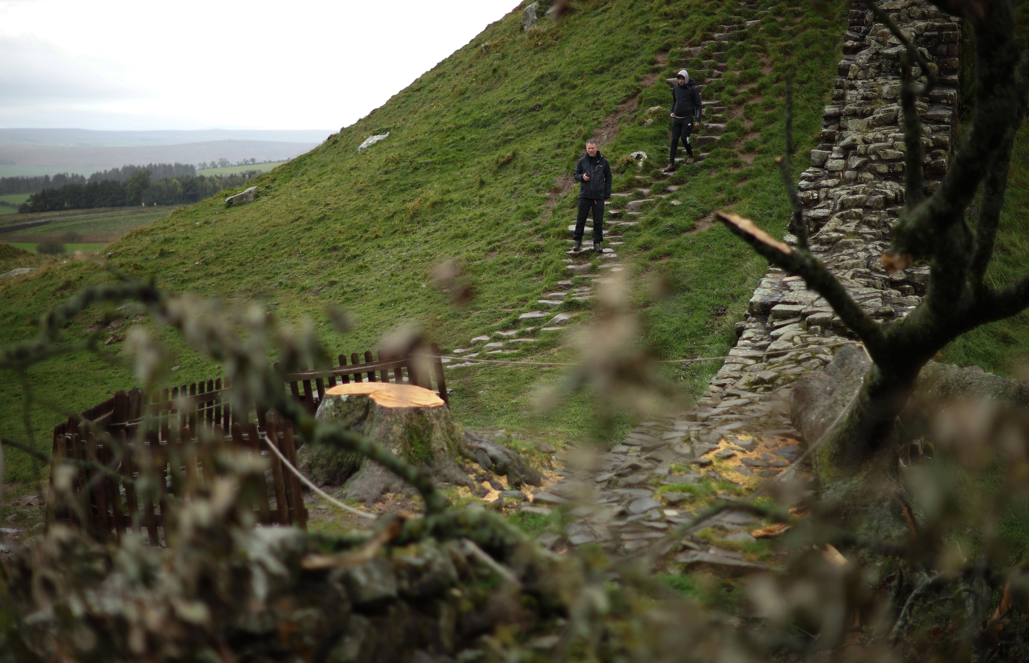 En la imagen de archivo, caminantes junto a los restos del árbol talado en Sycamore Gap en Northumberland