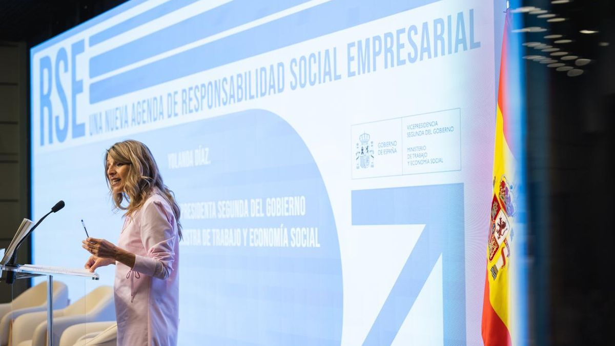 La vicepresidenta segunda y ministra de Trabajo, Yolanda Díaz, en el acto de presentación del informe de expertos sobre Responsabilidad Social Corporativa (RSC).