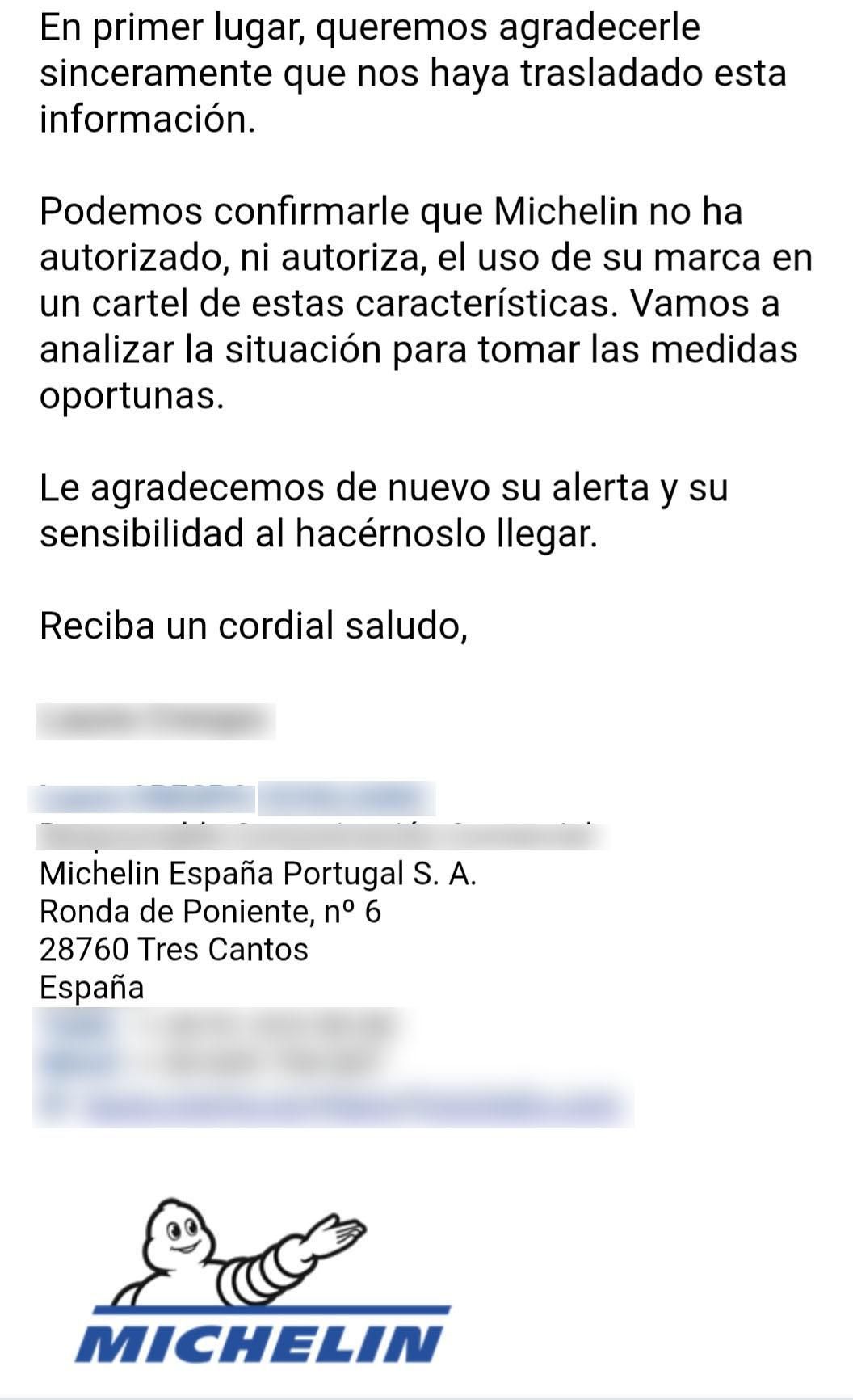 Respuesta de Michelin a la utilización de su marca en una actividad taurina.