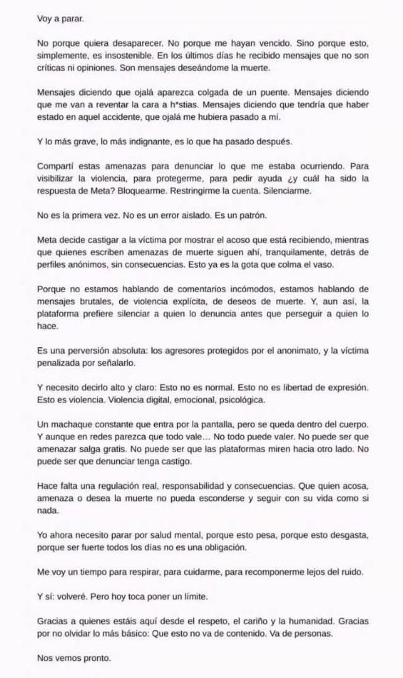 Comunicado de Elena Reinés.