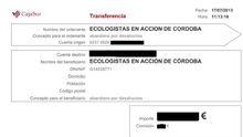 Recibo en el que queda constancia del cierre de la cuenta en Cajasur de Ecologistas en Acción bajo el concepto "abandono por desahucios".