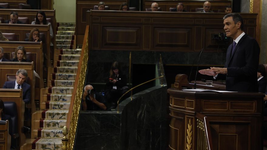 Pedro Sánchez durante su comparecencia este miércoles en el Congreso de los Diputados.